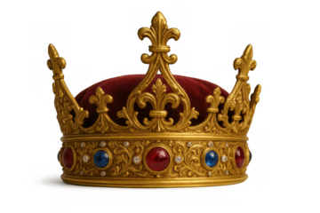 Golden crown with intricate details, red velvet, and red and blue jewels symbolizing monarchy, success, and authority