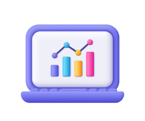 Purple laptop with colorful bar chart. Data analysis, SEO, finance business reports, statistics and business growth concept. 3d vector icon. Cartoon minimal style.