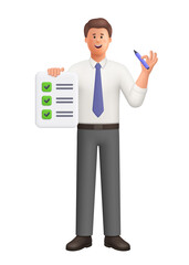 Young smiling businessman Ted holding pencil and checklist with completed tasks. Task management, productivity, organization, planning concept. 3d vector people character. Cartoon minimal style.