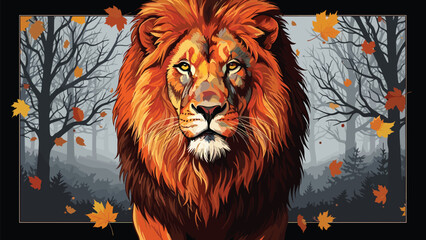 Majestic lion portrait with fiery orange and red mane walking through a mysterious foggy autumn forest with bare dark trees and golden falling maple leaves.