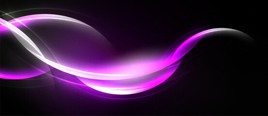 Abstract purple, white light curves flow across dark background. Smooth shapes create dynamic visual effect. Elegant design.