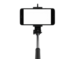 Smartphone on Telescopic Selfie Stick, Front View, Blank Screen, isolated on transparent background