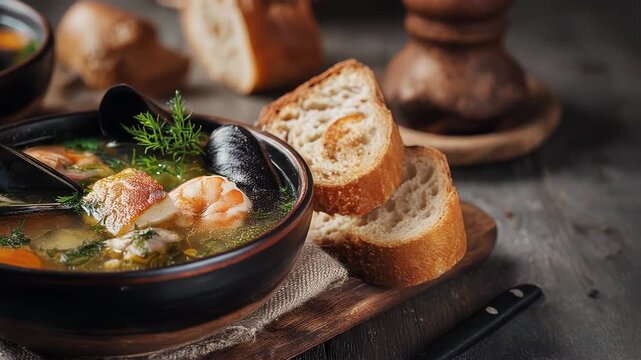 Rich Seafood Soup In Dark Bowl With Bread Slices On Rustic Wooden Table With Soft Lighting