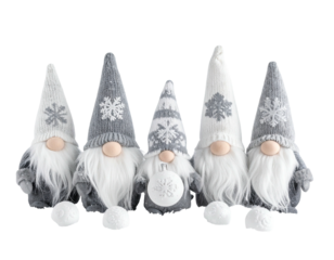 Five whimsical Christmas gnomes in various sizes with pointed hats and fluffy white beards
