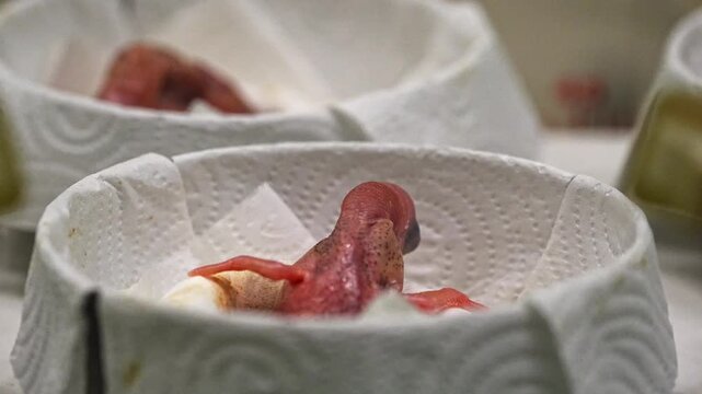 A newborn macaw chick emerges from its makeshift nest, its delicate beak and featherless body capturing the vulnerable first stage of life inside the conservation nursery in a zoo in bangkok