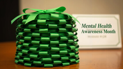 Stack of green ribbons with a sign for Mental Health Awareness Month on a wooden table