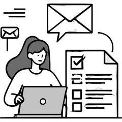 A Concerned Woman Sits at Her Desk Working on a Laptop With a To-Do List and an Envelope Icon Above Her Head Representing Tasks and Communication