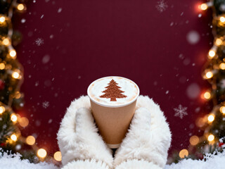 Holiday Coffee Cup with Snow and Christmas Lights