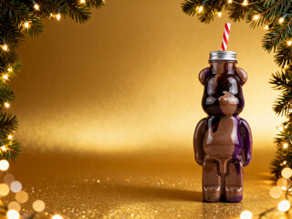 Festive Bear Bottle Drink on Golden Christmas Background