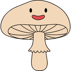A Cute Cartoon Mushroom Character With A Smiling Face And A Tan Stem And Cap On A Black Background