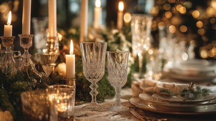 Fototapeta premium Elegant table setting with candles and glassware for evening meal in festive season