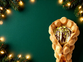 Bubble Waffle with Ice Cream and Pistachio Topping