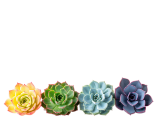 Four colorful succulent rosettes arranged horizontally, with a dark background