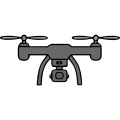 A Gray Quadcopter Drone with a Camera Mounted Below its Body Presented Against a Black Background