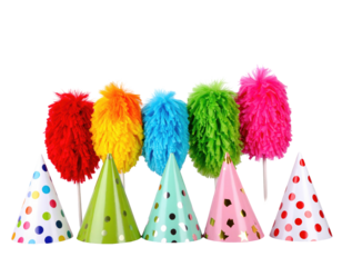A row of colorful party hats with matching fluffy pom-pom toppers on white background