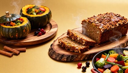 Delicious Roasted Pumpkin and Nut Bread with Steamed Vegetables