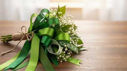 Green ribbon bouquet with delicate flowers on a wooden table for Mental Health Awareness Month, copy space