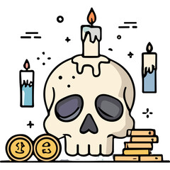 A Human Skull With Three Burning Candles And Stacked Coins On A Dark Background Symbolizing Death And Wealth