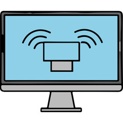 A light blue computer monitor with a stylized screen displaying radiating waves and a simple grey stand against a black background suggesting signal transmission or alert status