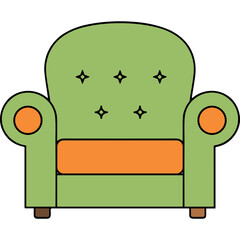 A Light Green Armchair With Orange Seat Cushions And Rounded Armrests Against A Black Background With Four Small Diamond Shapes On The Tufted Backrest And Four Brown Legs