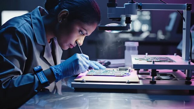 Female engineer works on circuit board in a lab. The engineer is developing a microchip using a microscope. This scientist focuses on hardware. She works on a computer board and electronic component.