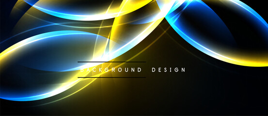 Abstract flowing lines, vibrant blue, yellow hues over dark background. Modern design element, dynamic composition, sleek presentation.