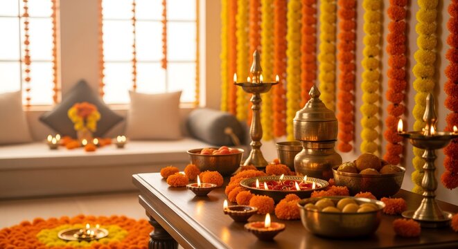 Beautiful festive home interior decorated with marigold flowers, traditional brass lamps, rangoli, and sweets for an Indian celebration, creating a warm and vibrant cultural festival ambiance.