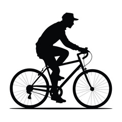 Naklejka premium Silhouette vector image of a black silhouette of a person riding a bicycle, side view, on white background.