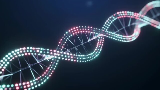 Close-up view of a glowing double helix DNA strand, representing genetics, science, and biological research on a dark background