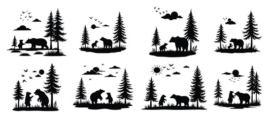 Bear family silhouette with pine trees and birds vector