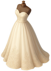 Elegant Ivory Wedding Dress Illustration on Mannequin &ndash; 3D Bridal Gown with Lace Details