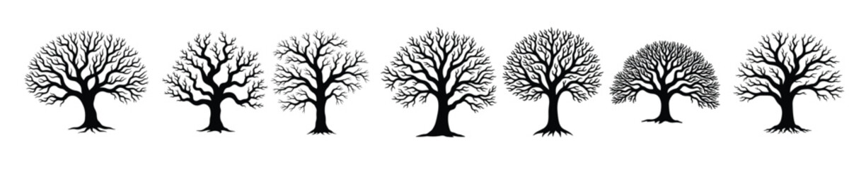 Naklejka premium Black bare trees silhouettes on white background winter