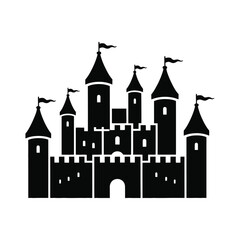 Obraz premium Silhouette vector image of a black medieval castle with towers, on white background.