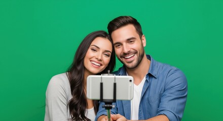 Smiling couple taking a selfie with a smartphone and selfie stick against green screen backdrop