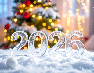 2026 Nowy Rok, lodowy napis na sniegu, w tle choinka, śnieg i bokeh. Szczęśliwego Nowego Roku. Kartka świąteczna z życzeniami.  © Anita
