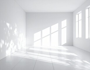 Fototapeta premium Bright white room with sunlight streaming through windows, creating shadows and highlights on the walls and floor.
