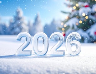 2026 Nowy Rok, lodowy napis na sniegu, w tle choinka, śnieg i bokeh. Szczęśliwego Nowego Roku. Kartka świąteczna z życzeniami.  © Anita