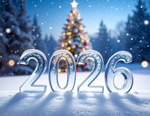 Fototapeta na wymiar 2026 Nowy Rok, lodowy napis na sniegu, w tle choinka, śnieg i bokeh. Szczęśliwego Nowego Roku. Kartka świąteczna z życzeniami. 