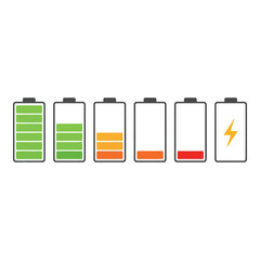 A row of battery icons showing different levels of charge, from full to empty, with one indicating a lightning bolt for power.