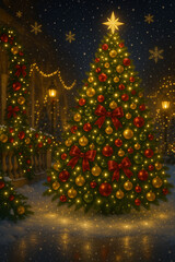 Beautiful Christmas Tree at Night with Glowing Lights and Ornaments &ndash; Festive Holiday Illustration