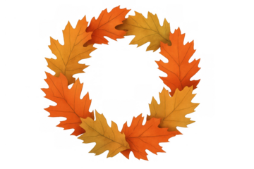 Autumn oak foliage wreath framing copy space, fall season design with vibrant orange and yellow leaves