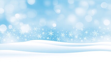 Snowy landscape with blurred snowflakes and bokeh lights against a light blue background.