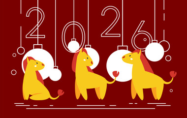 Bright 2026 celebration vector card. Simple New Year's illustration. Three cute horses icon, many big holiday ornaments. Cartoon festive design. Funny childish style art. Chinese calendar zodiac sign