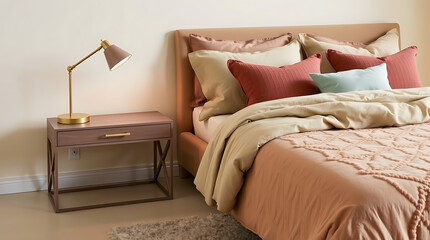Cozy bedroom scene with a warmly decorated bed and nightstand