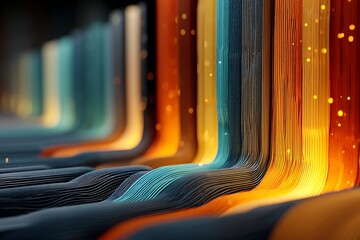 Abstract cascading rainbow waves with glittering particles, flowing gracefully in a mesmerizing display of color