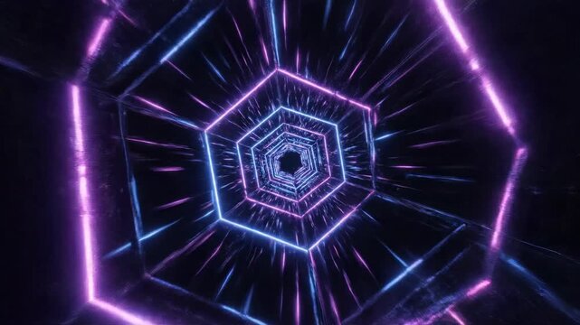 Seamlessly looping motion through an infinite geometric tunnel defined by glowing electric blue and vibrant magenta neon wireframes cyberpunk, vibrant, corporatepresentation