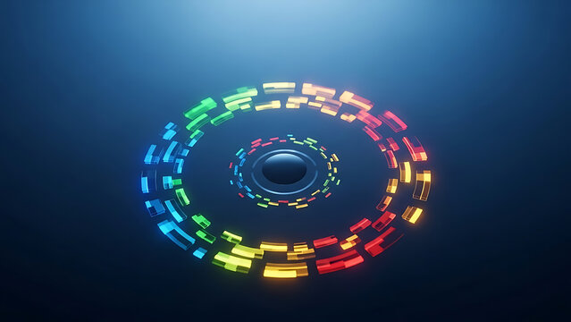 Abstract visualization of digital data flow and connectivity with vibrant RGB glowing shapes on a dark blue background.