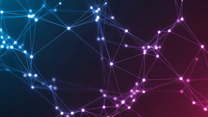 Vibrant abstract background of glowing blue and purple plexus network nodes symbolizing global technology connections.