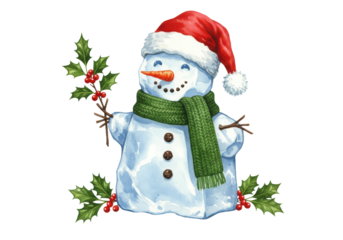 Highly detailed vintage watercolor illustration of a translucent blue-white ice snowman, wearing a red velvet hat and green wool scarf, holding holly and berries on a white background with copy