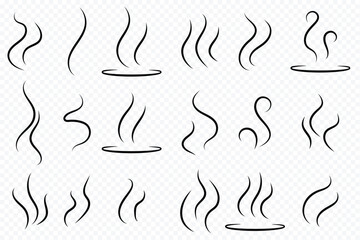Smoke steam icon vector logo set. Smoke smell, steam aroma heat icon illustration. Hot vapor fire doodle line logo. Hit stink, coffee, fragrance flame elements. Smoke steam icon set. Wind icon graphic